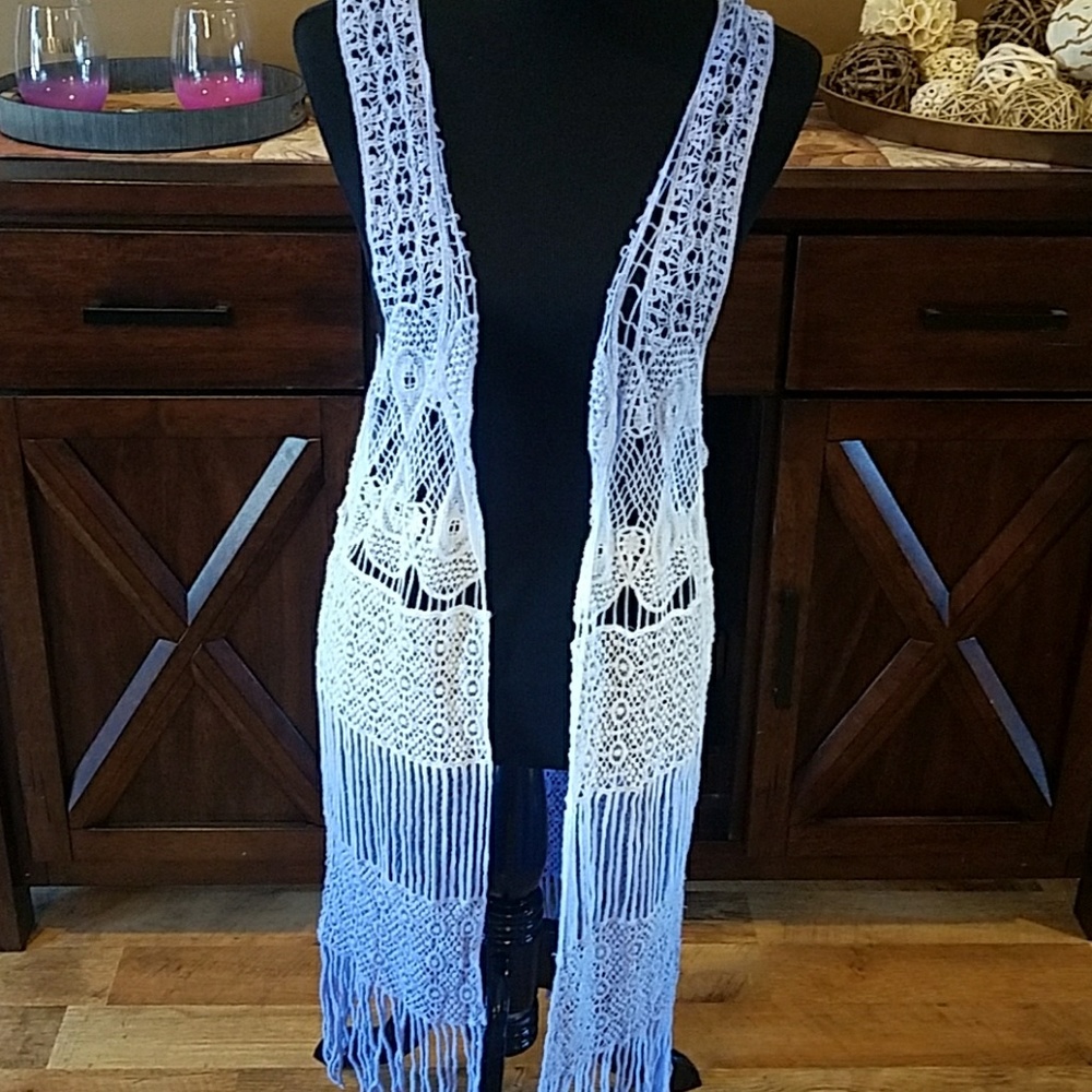 Blue and White Crochet Boho Open Vest